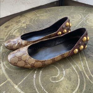 Gucci Monogram Brown Beaded Leather Flats